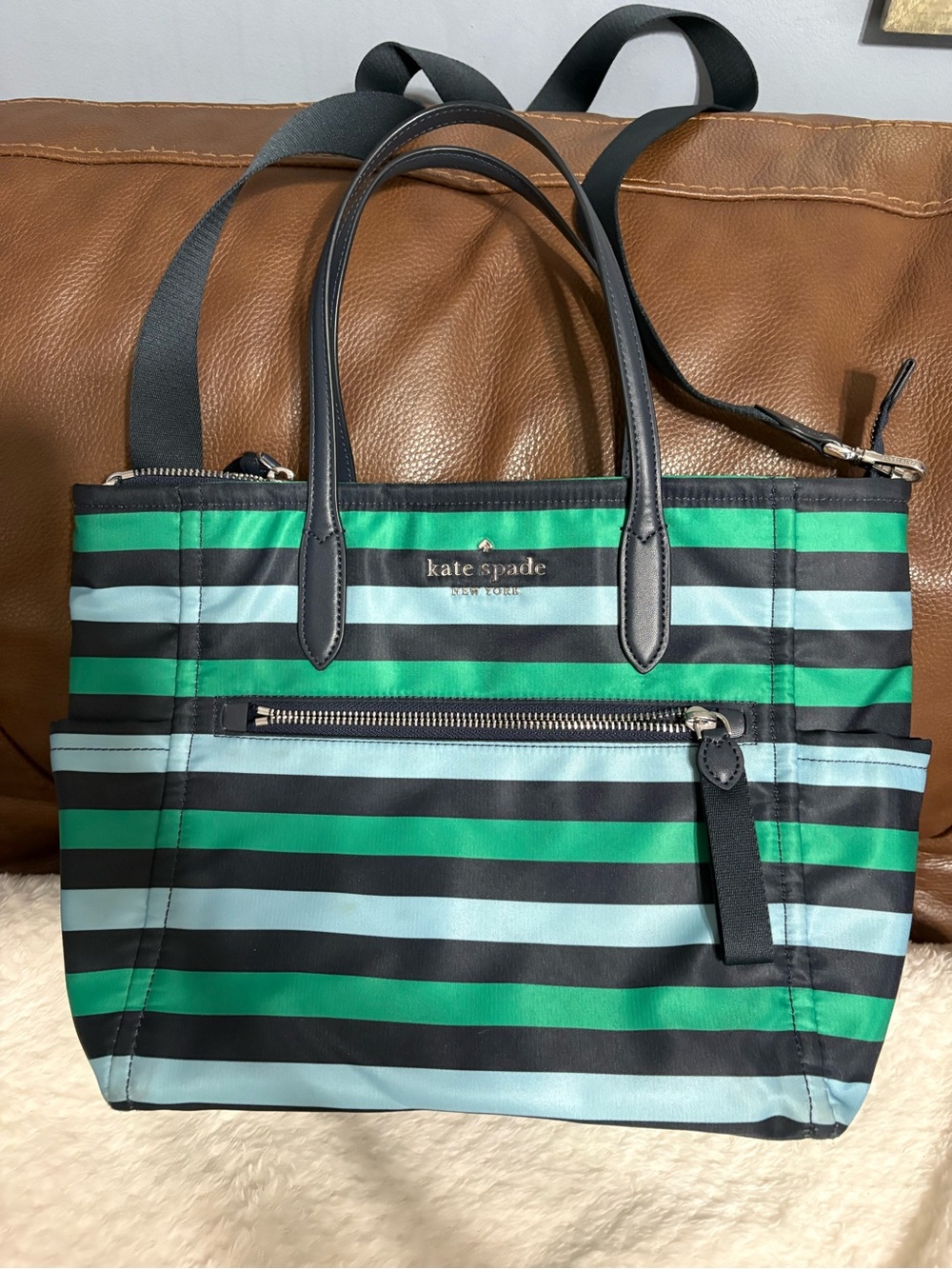 kate spade Green and Black Horizontal Stripe Tote